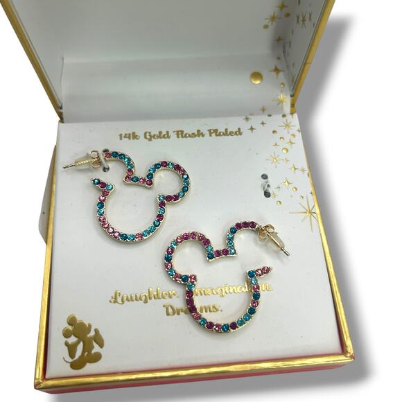 NEW Disney Multi Color Crystal Mickey Mouse Earrings 14K Gold Plated Pink Blue - Picture 3 of 14